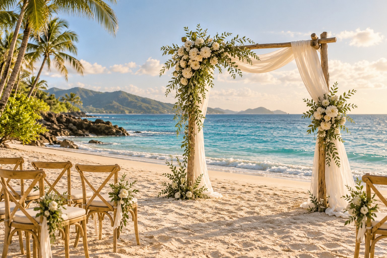 An intimate beach ceremony setting with ivory flowers and a turquoise sea
